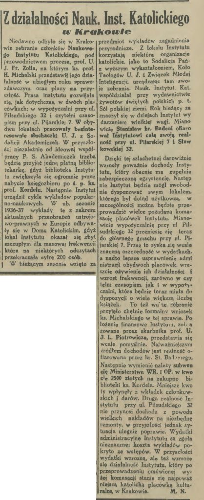Naukowy Instytut Katolicki w Krakowie-Czas nr 36 dn 6 lutego 1938